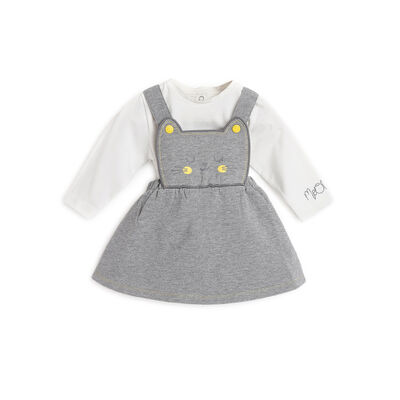 Girls Medium Grey Printed T-shirt with Overall Skirt